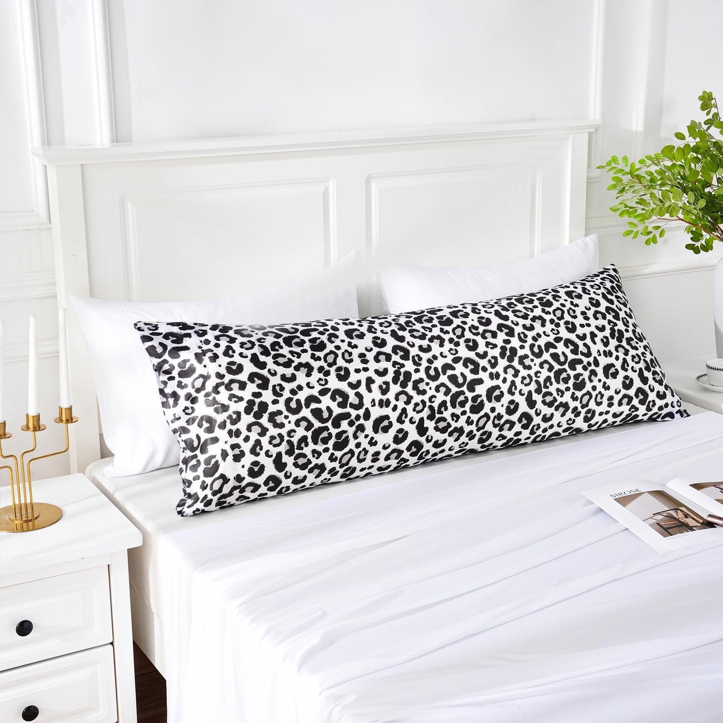 MR&HM Satin Body Pillow Cover, Soft and Breathable Body Pillow Case with Envelope Closure, Cooling and Silky Long Pillowcase for Hair and Skin,Grey (20x54, White Leopard)