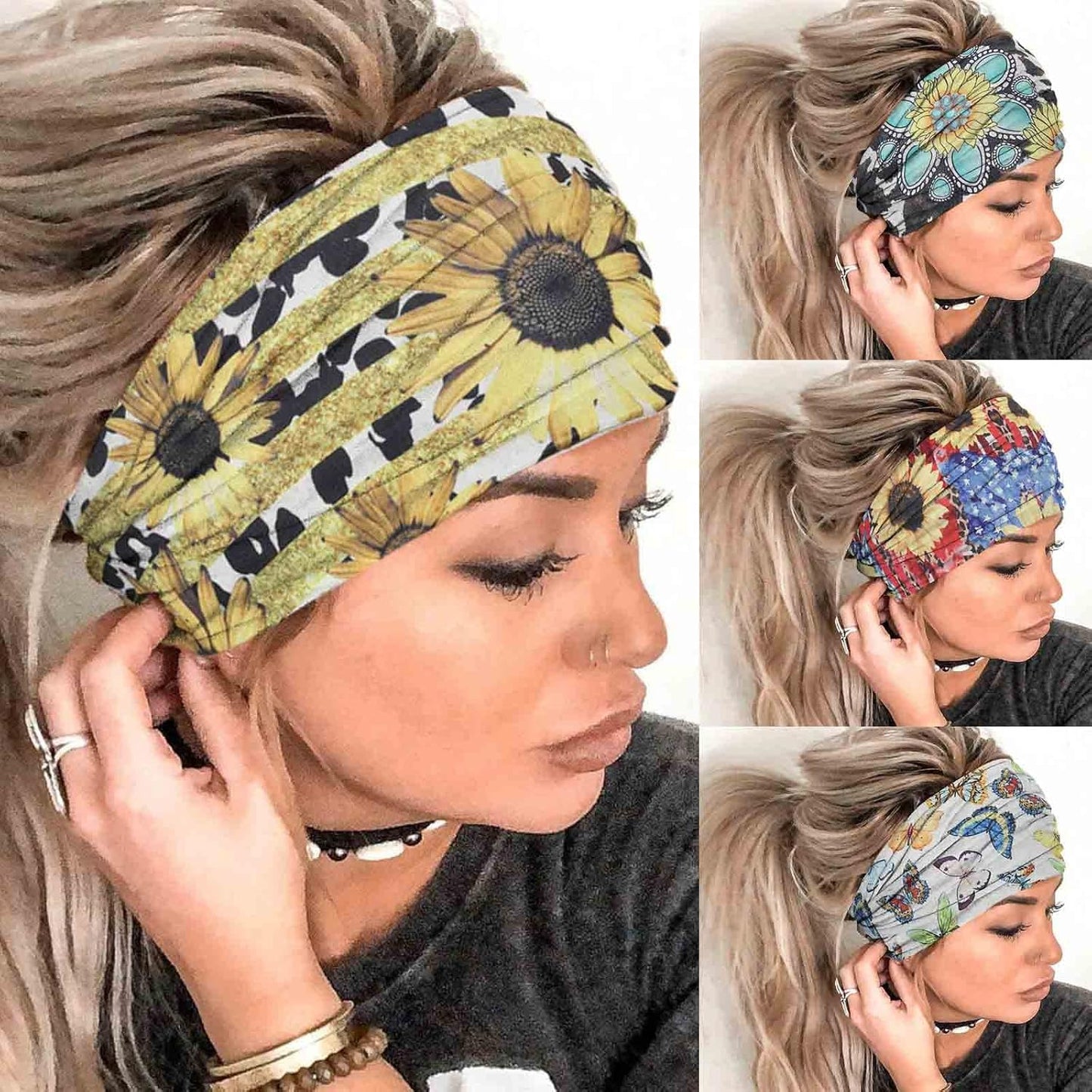 Olbye Wide Boho Headbands Turban Elastic Hairbands Nonslip Floral Bandana Workout Yoga Hair Scarfs Running Sweatband African Head Wraps Bohemian Hair Accessories for Women (F- Flower)