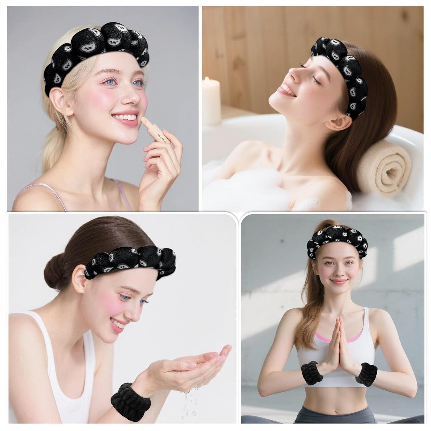 Zkptops Spa Headband for Washing Face Wristband Set Sponge Makeup SkincareVelvet Fabric Bubble Soft Get Ready Hairbands for Women Puffy Headwear Non Slip Thick Thin Hair Accessory (Black Nuts)