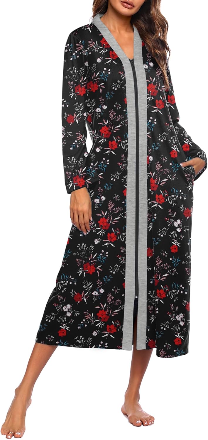 Ekouaer Women Zipper Robe Long Sleeve Loungewear Lightweight Housecoat Full Length Nightgown with Pockets