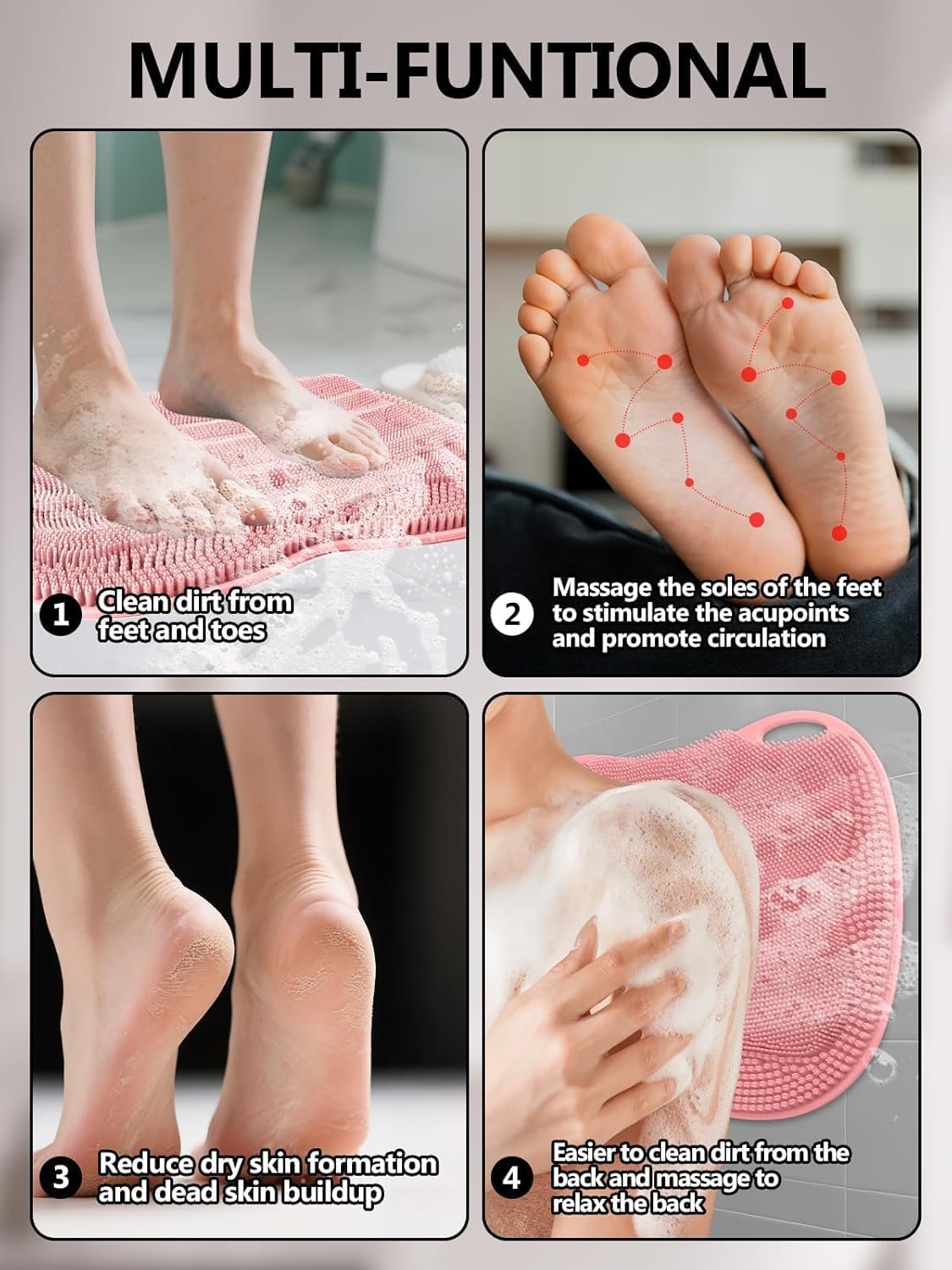Kalolary Silicone Shower Foot Scrubber Mat, Large Foot Scrubber in Shower with Non Slip Suction Cups Foot Cleaner Brush to Clean Exfoliate and Massage Feet Without Bending Over Easy to Clean (Pink)