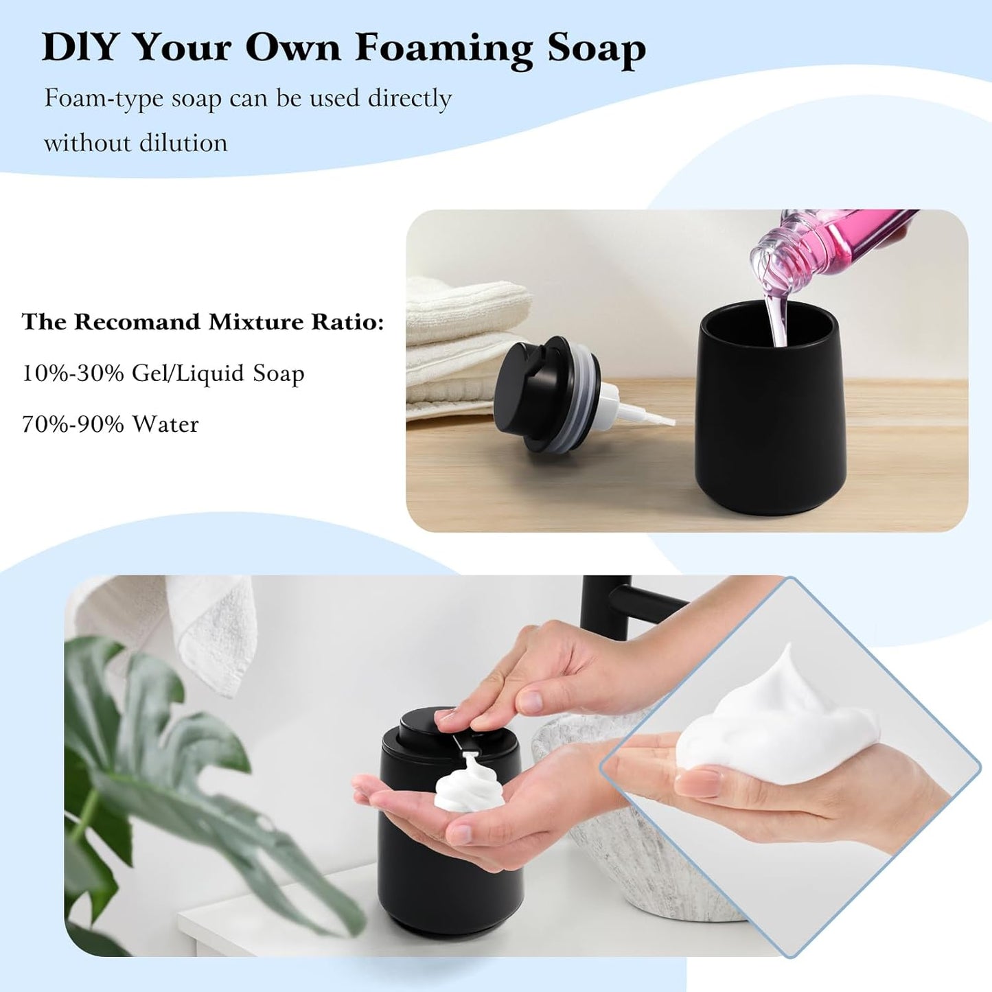 Ceramic Foam Soap Dispenser 2 Pack, 12oz Matte Black Lotion Hand Sanitizer Soap Dispenser with Easy-to-Press Pump for Bathroom & Kitchen Countertop Refillable