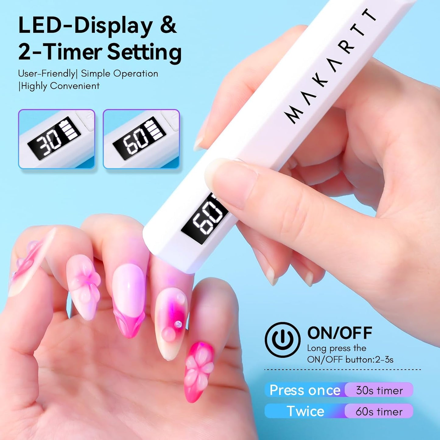 Makartt UV Light for Gel Nails: Handheld Mini Flash Cure Lamp Portable Lumière Nail Dryer for Curing Gel Polish Nail Glue Rechargeable USB Nail Light with LCD 2 Timer for Fast Drying Home Salon Use