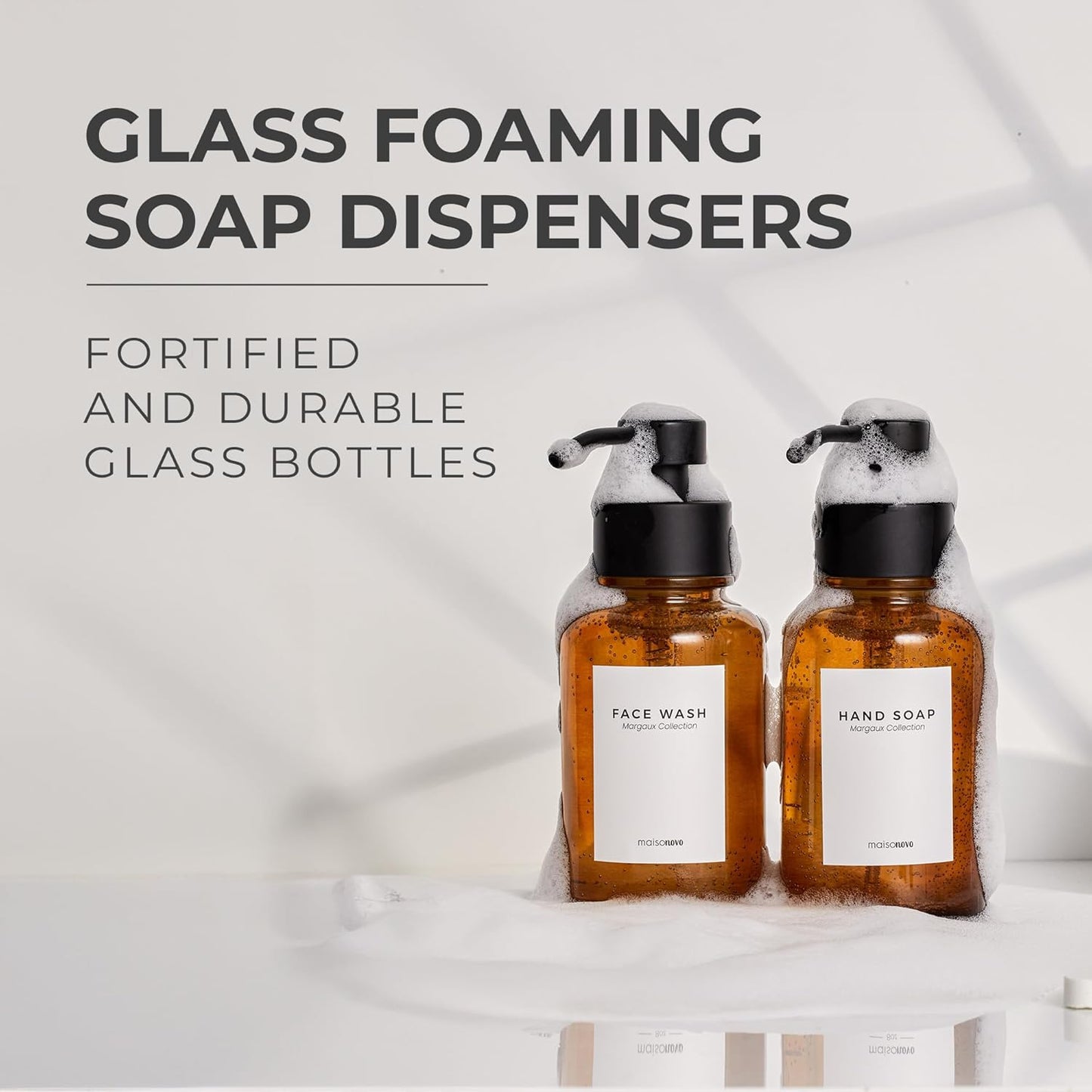 MaisoNovo Glass Foaming Soap Dispenser 14 Oz | Amber Glass Black Pumps x 2