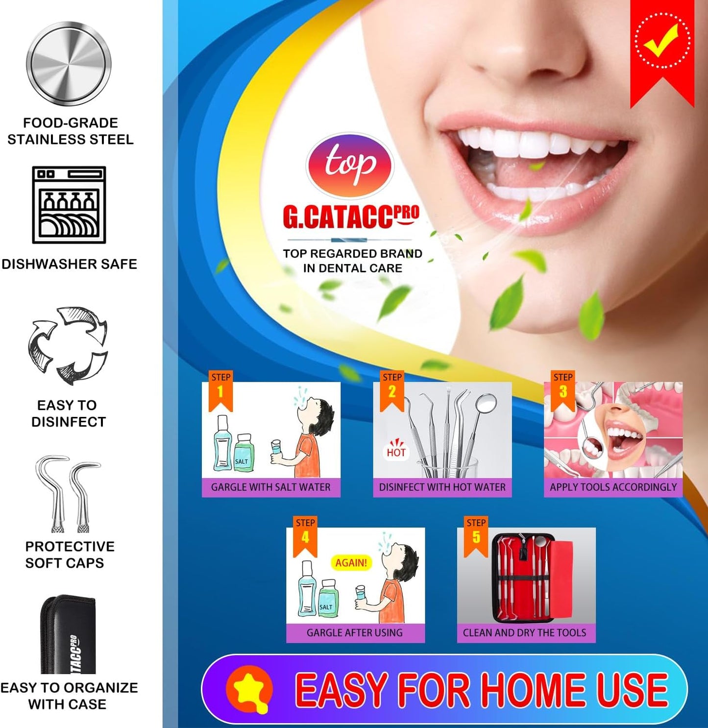 G.CATACC Dental Tools, Dental Pick Teeth Cleaning Tools Hygiene Kit, Plaque Remover for Teeth, Professional Stainless Steel Tooth Scraper Plaque Tartar Cleaner - with Case