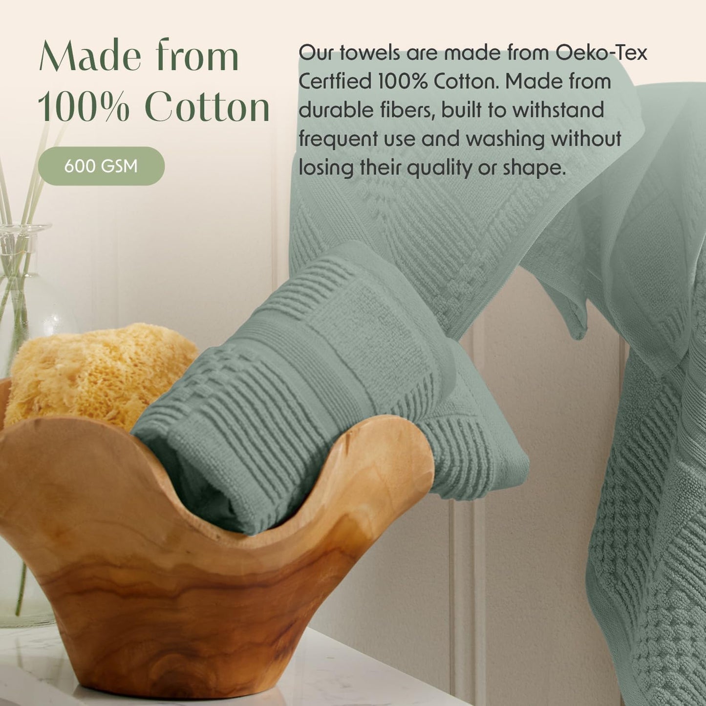 Springtree Home 100% Cotton Bath Towel Set of 4 | Green Bath Towels | Geometric Textured Design | Absorbent & Quick-Dry | 4 Bath Towels | Oeko-TEX® Standard 100 Cotton | Myla Collection - Lily Pad