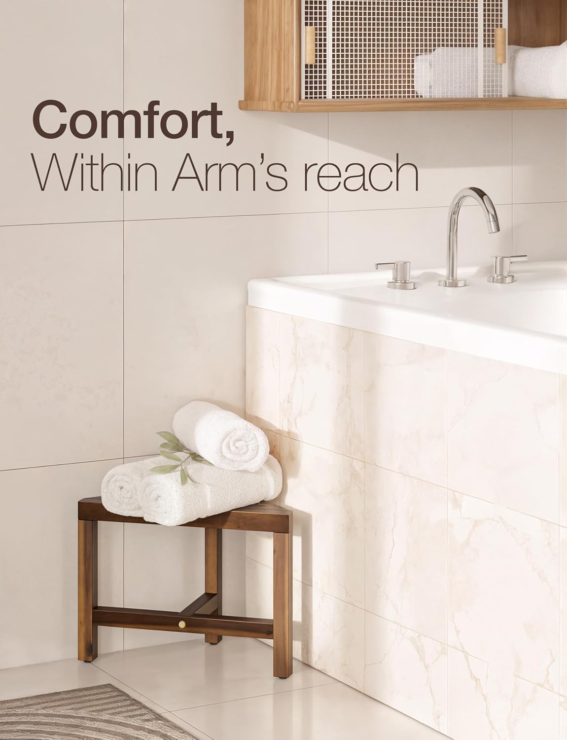 HOLANA Acacia Shower Foot Rest - Wooden Shower Stool for Inside Shower - Corner Shower Stool Seat & Bath Stool for Shaving Legs - Bath Step Stools Bench for Bathroom (Walnut, 16.5"x12"x12")