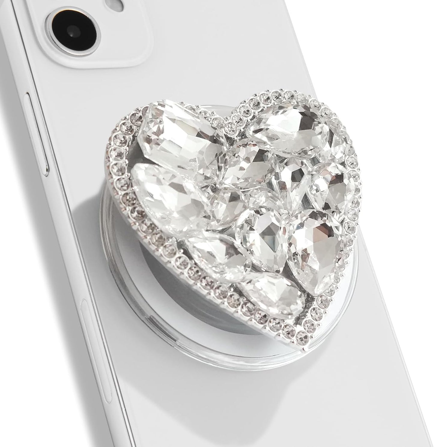 OnTheGrip Compatible with Magsafe Cute Cubic Diamond Heart Shape Design Collapsible Mobile Phone Grip Stand Holder for Smartphone Tablet Cell Phone Accessory (Silver Big)