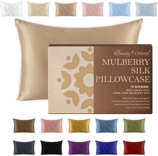 100% Pure Mulberry Silk Pillowcase for Hair and Skin, 19 Momme, Champagne, King - 20" x 36"