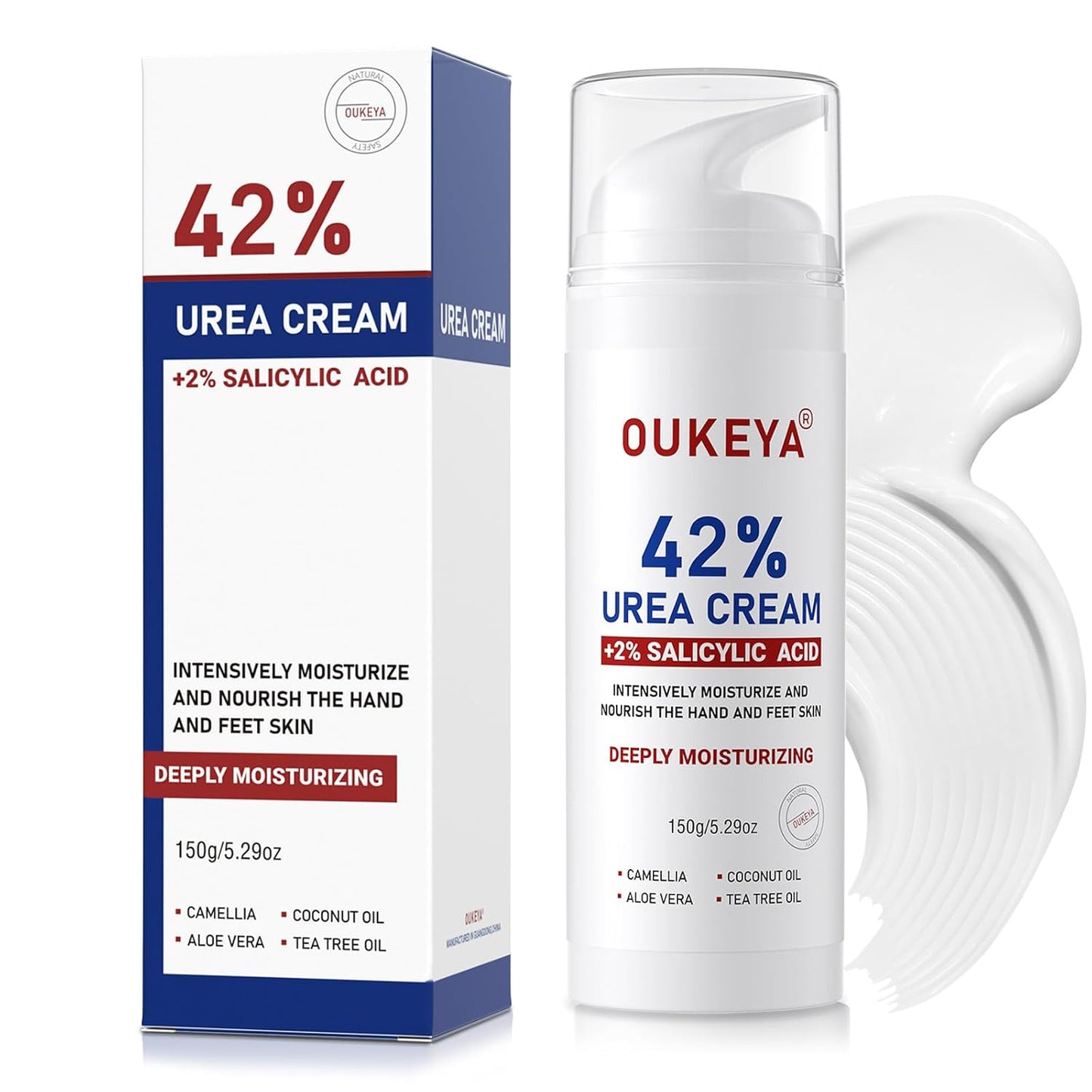 OUKEYA Urea Cream 42% plus Salicylic Acid 2% Intensive Repair Treatment for Cracked Skin on Hands, Heels, Elbows, and Lips - Relief for Dry Feet - Enhanced Pump Dispenser Packaging - Gross wt 8.03 OZ
