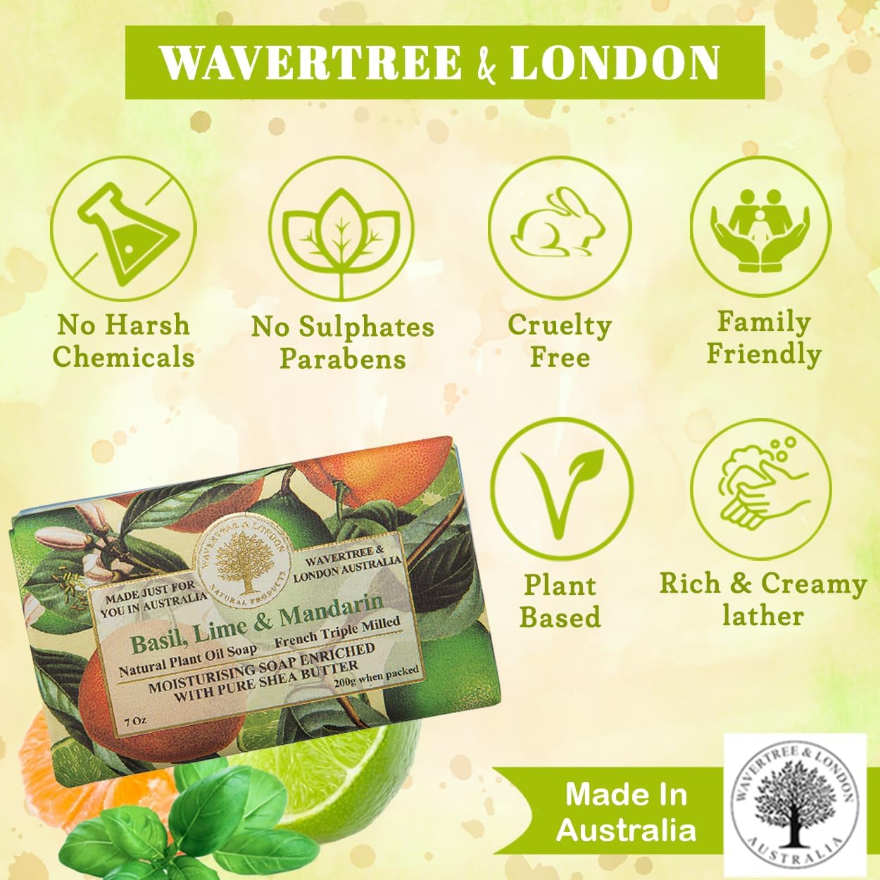 Wavertree & London Basil Lime & Mandarin Scented Natural Soap Bar, 7oz Moisturizing French Triple Milled Soap Bar for Women & Men