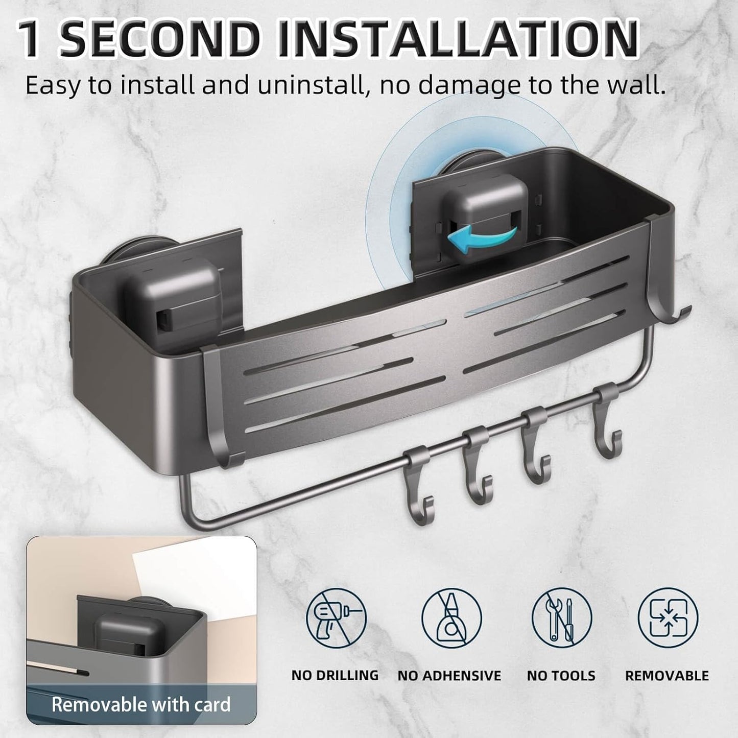 Onemake Shower Caddies Suction Cup, 2-Pack Removable Bathroom Shelf, Shower Organizer with Portable Hooks, Shower Caddy Corner Waterproof Holder with Towel Bar, Gray