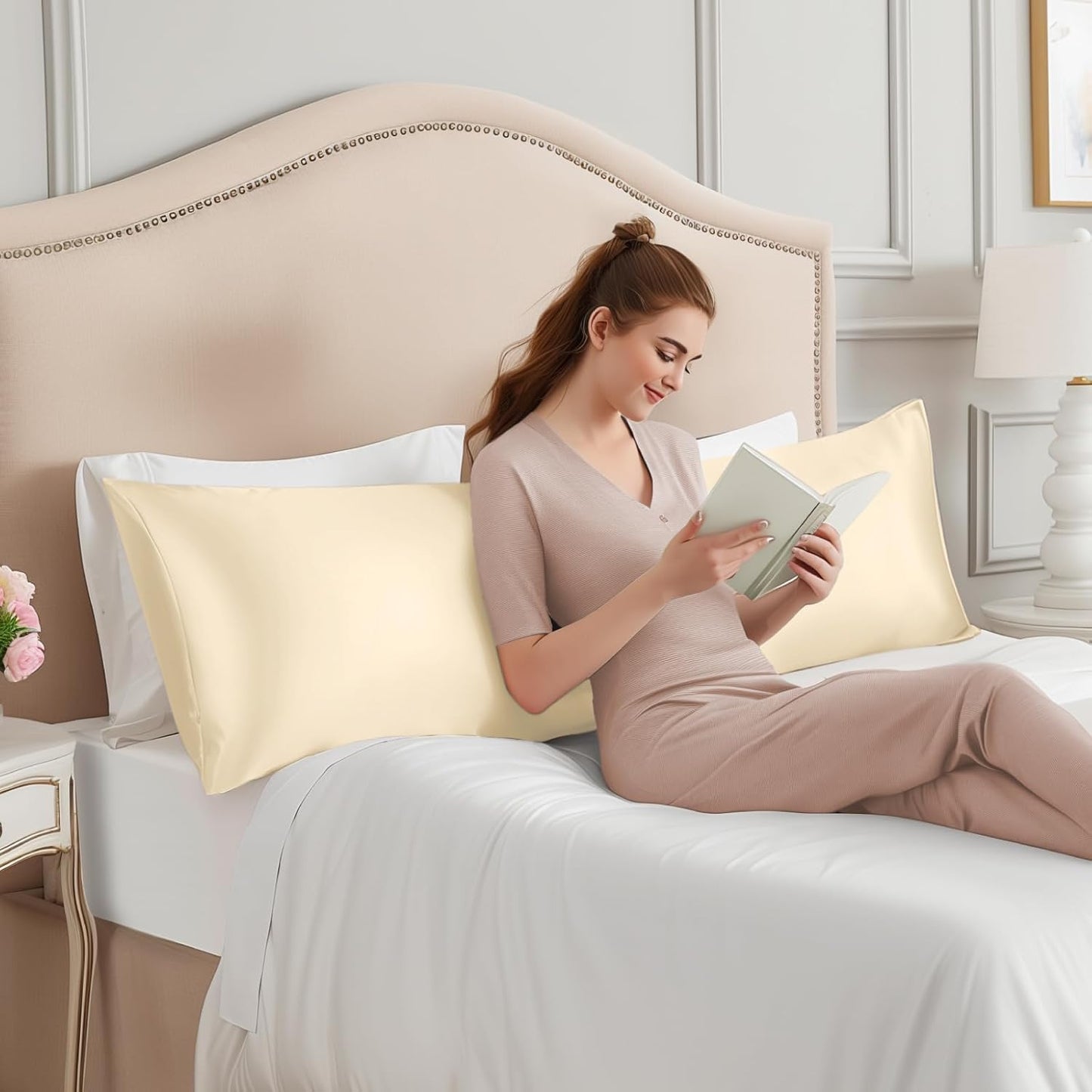 INFIIXSO Body Pillow Cover with Zipper, Luxury Mulberry Silk Body Pillow Case 20x54 Inches, Ultra Smooth and Soft Cooling Long Pillowcase, Gift for Women, Men(Ivory)