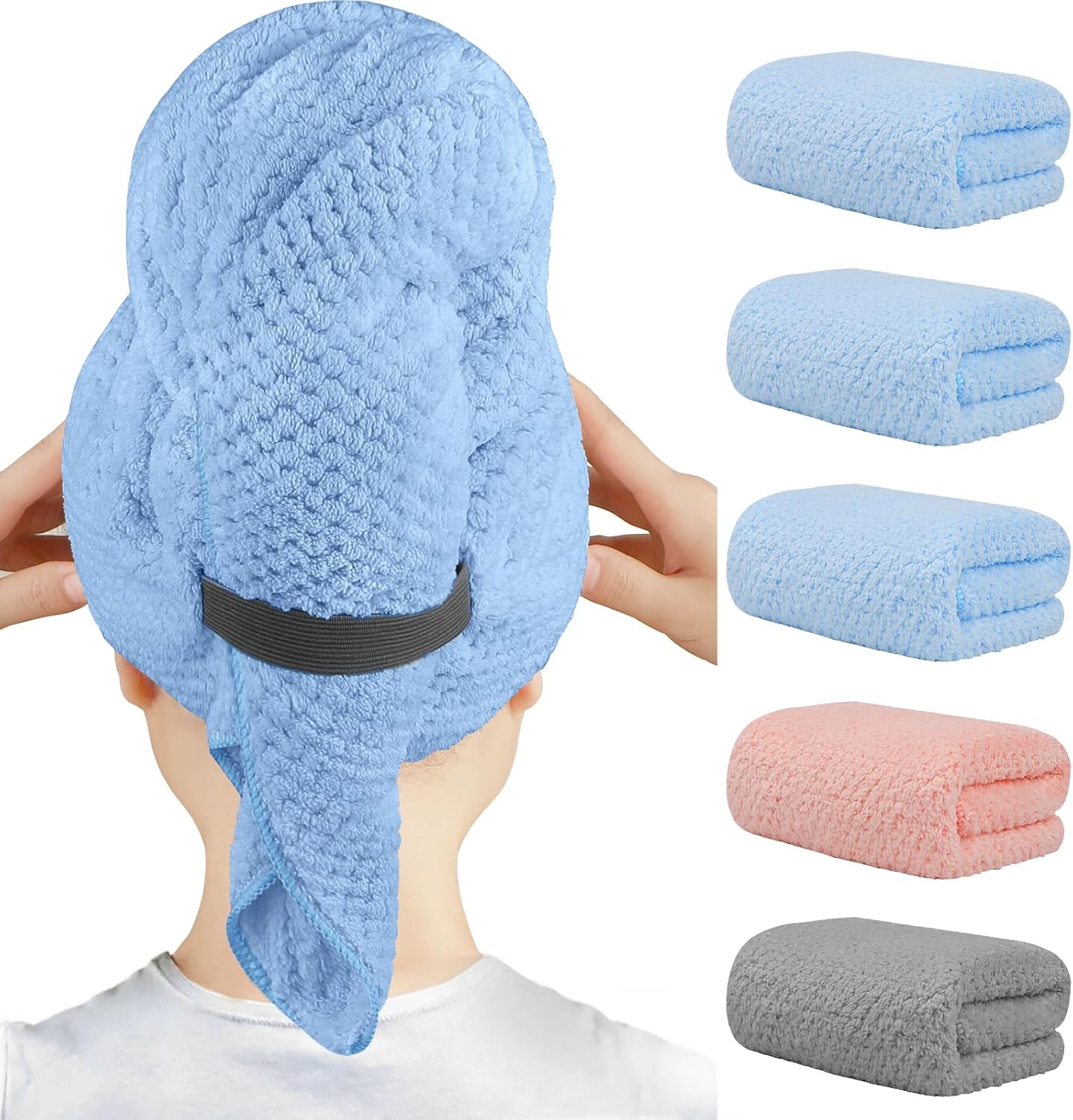 HOMEXCEL 5 Pack Microfiber Hair Towels - 40 x 20 inches Super Soft, Fast Drying Turbans for Long, Thick, Curly Hair - Anti Frizz Wrap with Elastic Strap, Blue/Pink/Grey