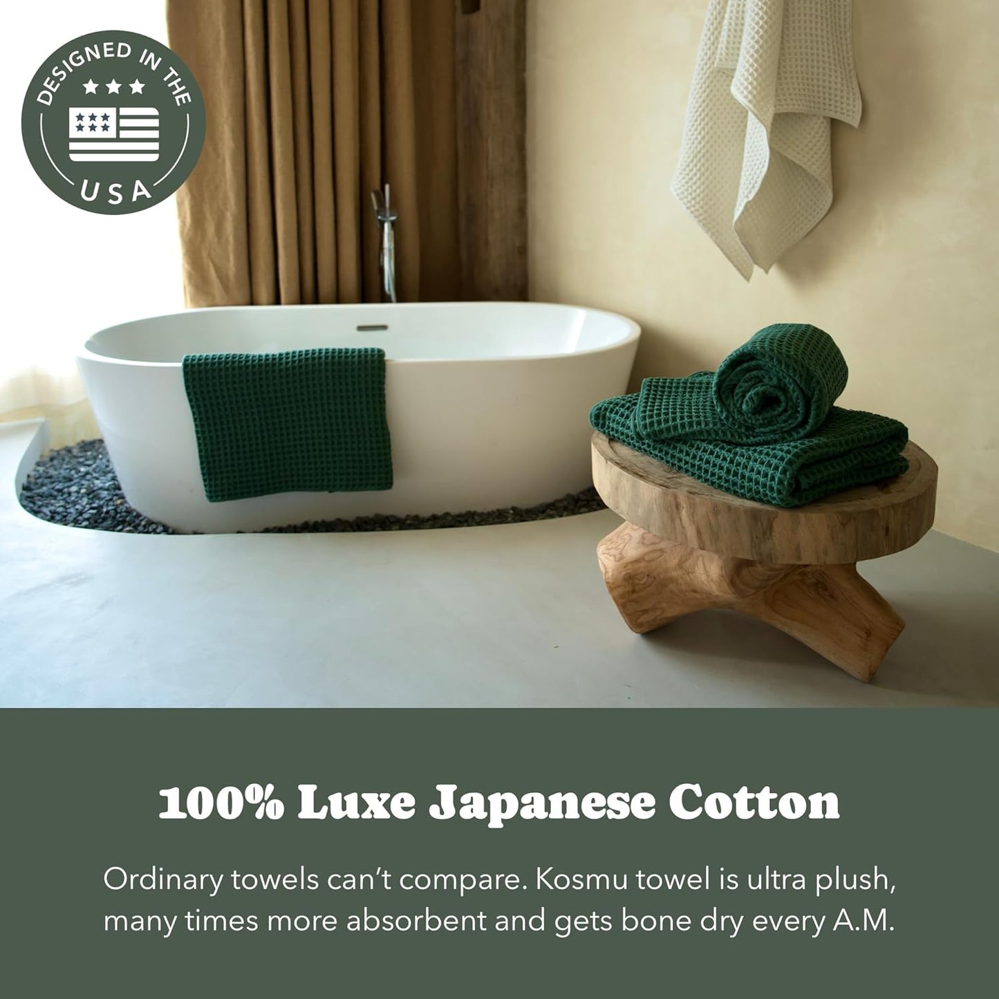 Luxury Japanese Cotton Waffle Bath Towel | Plush, Absorbent, and Quick Dry | Free Storage Bag Included (Forest Green, Bath Sheet Set (3-Piece))