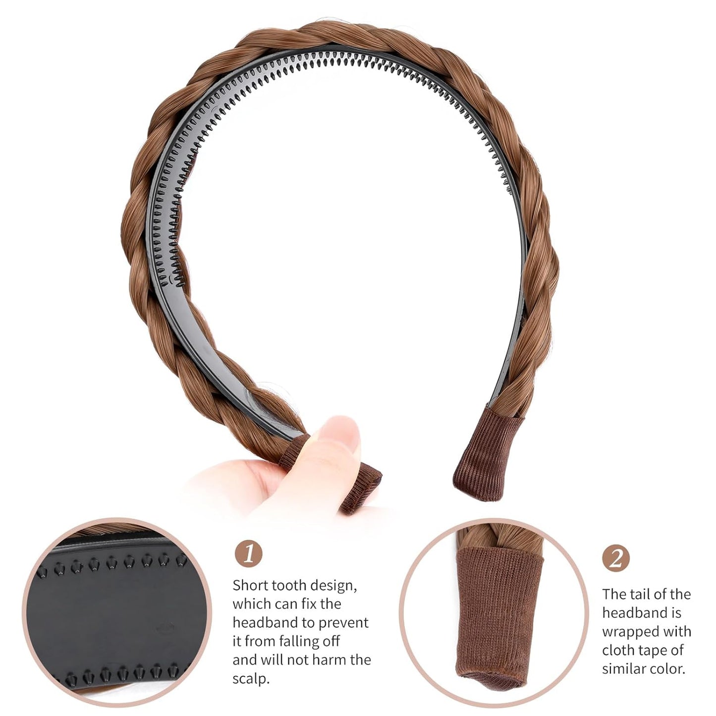 DIGUAN Width 1.5 inches Synthetic Hair Plaited Headband Braid With Teeth Hair Band Accessories for Women Girl(W-Medium Brown)