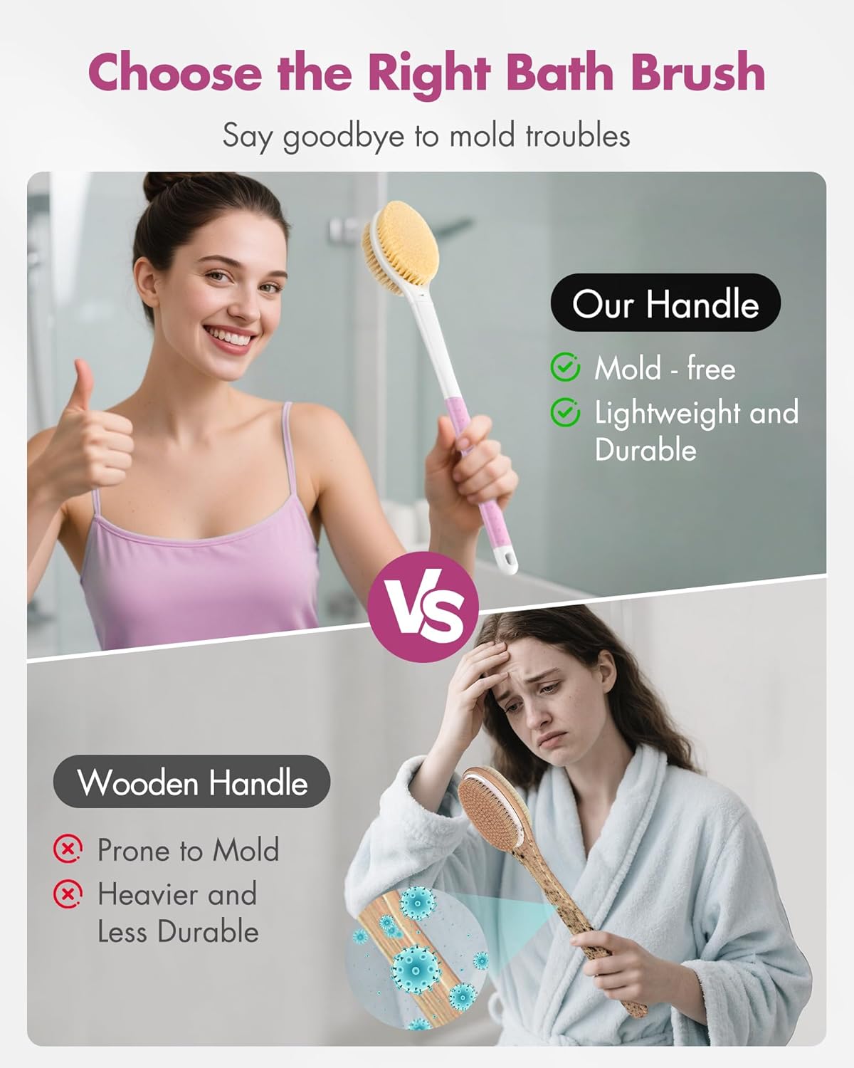 Back Scrubber Body Shower Brush: Anti Slip Long Handle Bath Brush with Stiff and Soft Bristles - Showering Exfoliator Wet or Dry Brushing for Women, Men, Elderly (Pink)