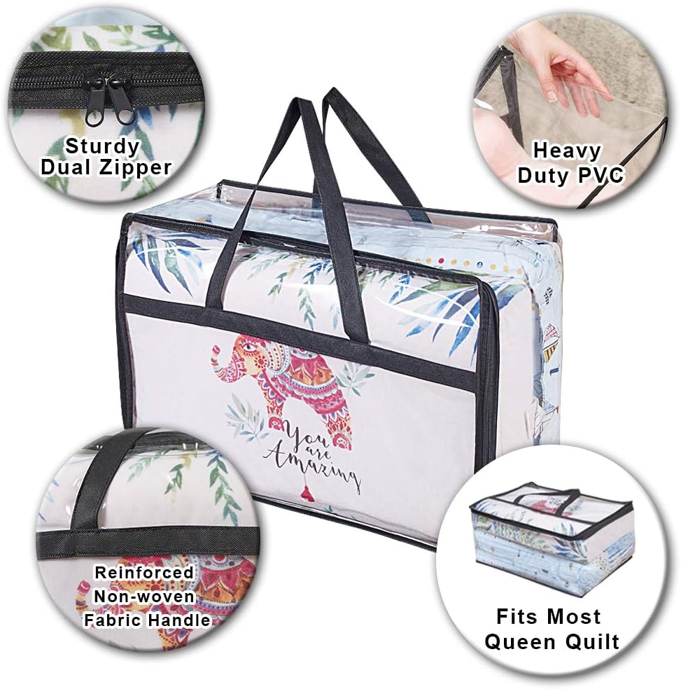 Clear Clothes Storage Bag Organizer with Reinforced Handle, Vinyl Storage Bags for Comforter, Blanket, Bedding, Toys, Transparent Moving Totes with Sturdy Dual Zippers, 3 Pack, 55 L, Black