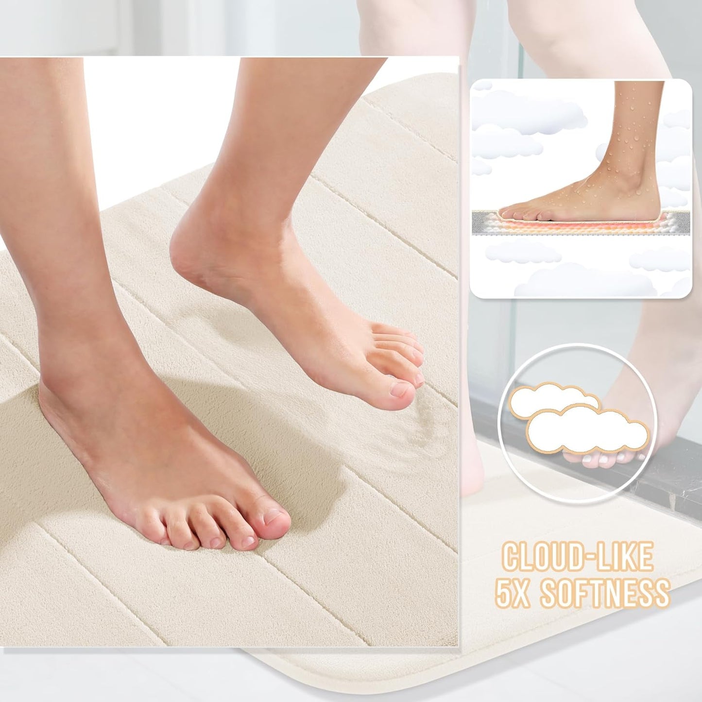 Yimobra Large Bath Mat 36"x24", Super Soft Quick Dry Memory Foam Bathroom Rug, Water Absorbent, Non Slip Backing Machine Washable for Tub Shower, Thick Comfort Support, Cream