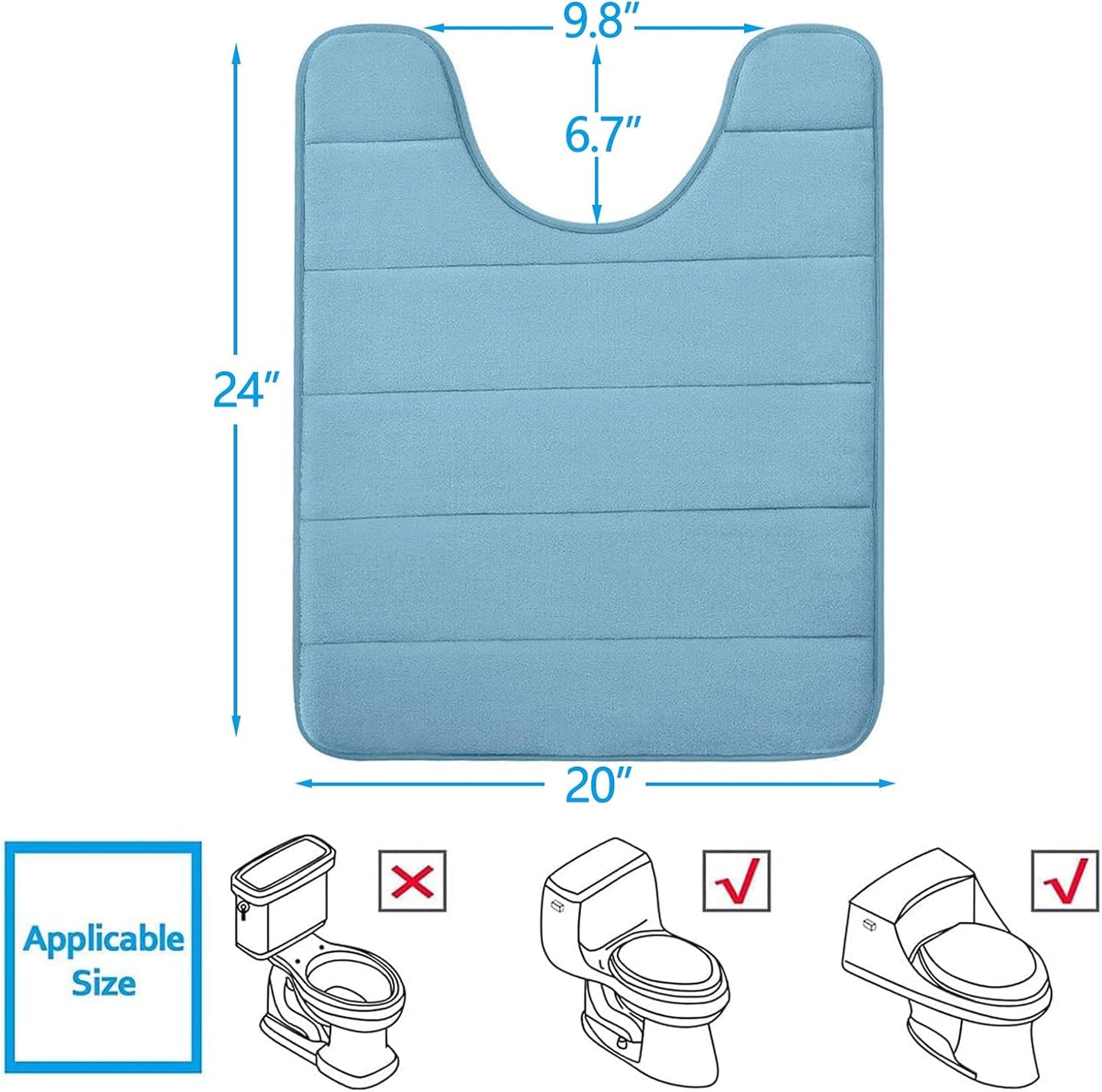 Buganda Memory Foam U-Shaped Contour Toilet Rugs, Non Slip Absorbent, Thick Soft Washable Bathroom Mat, Floor Carpet Bath Rugs Mat for Toilet Base (24" x 20", Blue)