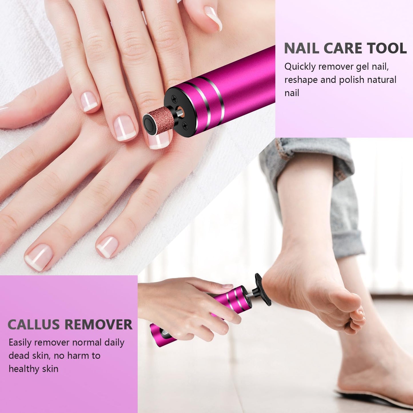 EAONE Portable Electric Foot File-Callus Remover for Feet, Professional 2 in 1 Foot/Nail Filer -Digital Display for Battery Level & 9 Speed Control-Rechargeable Pedicure Tool for Dead Skin (Silver)