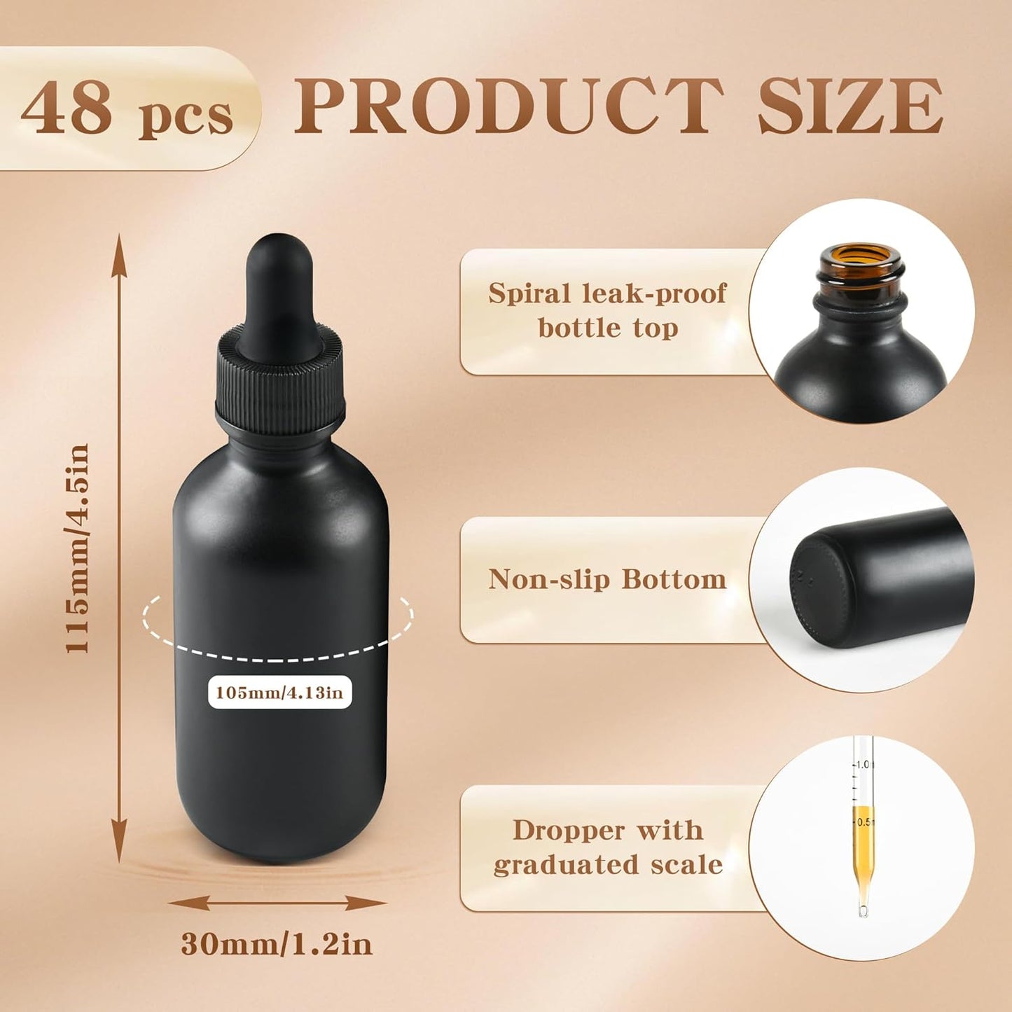 BILLIONSTARS 48 Pack 2oz Glass Boston Round Bottle with Graduated Calibrated Glass Pipettes - Black Frosted - Tincture Bottles for Essential Oils, Liquids - Leakproof Travel Bottles