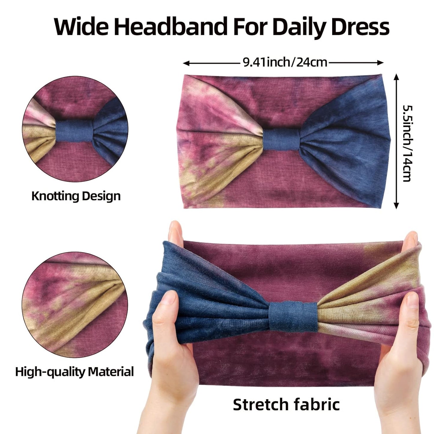 Wide Headbands for Women Tie Dye Head Wraps Boho Thick Hairbands Large African Sport Yoga Turban Headband Hair Accessories (Pack of 4)