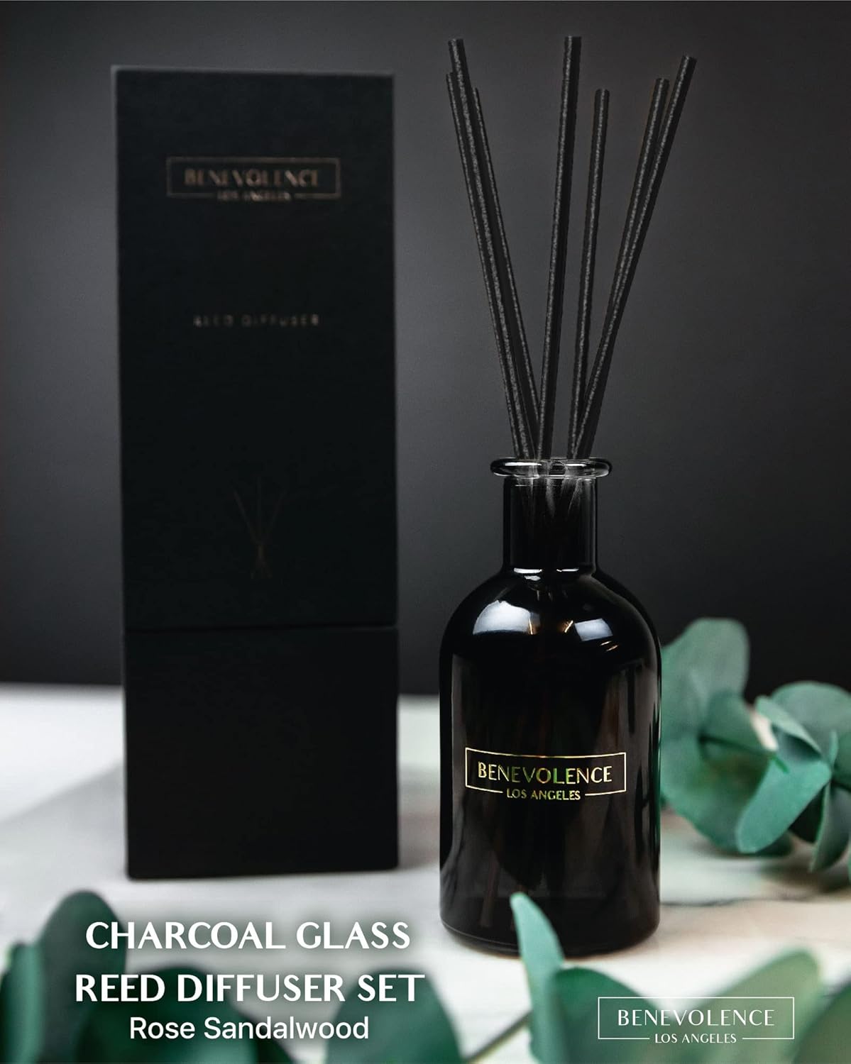 Benevolence LA Reed Diffusers for Home, Rose & Sandalwood Relaxing Fragrance | Aromatherapy Reed Diffuser Sticks with Gift Box, Scented Sticks for Bathroom | Home Décor