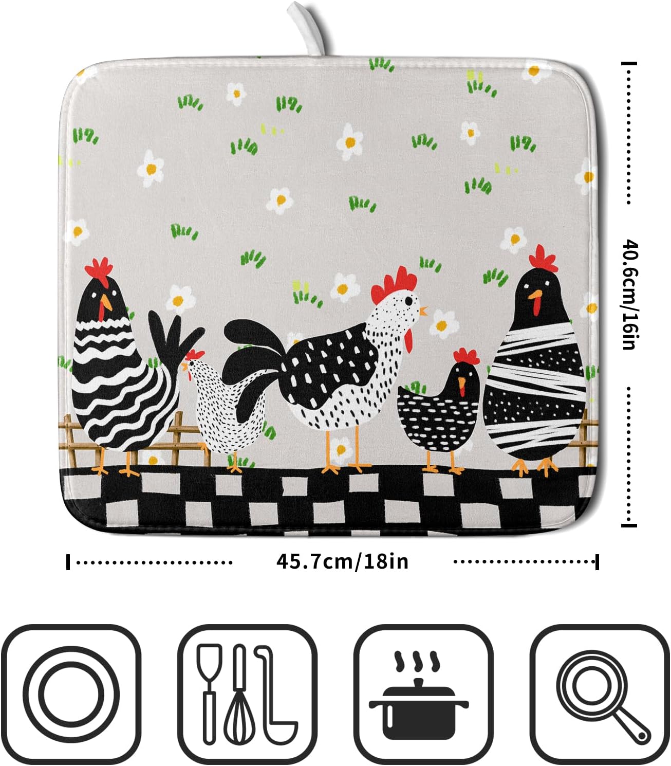 Black Rooster Dish Drying Mat for Countertop 16x18 Inches Buffalo Plaid Microfiber Drainer Rack Pads Fast Dry Dishes Mats Kitchen Accessories