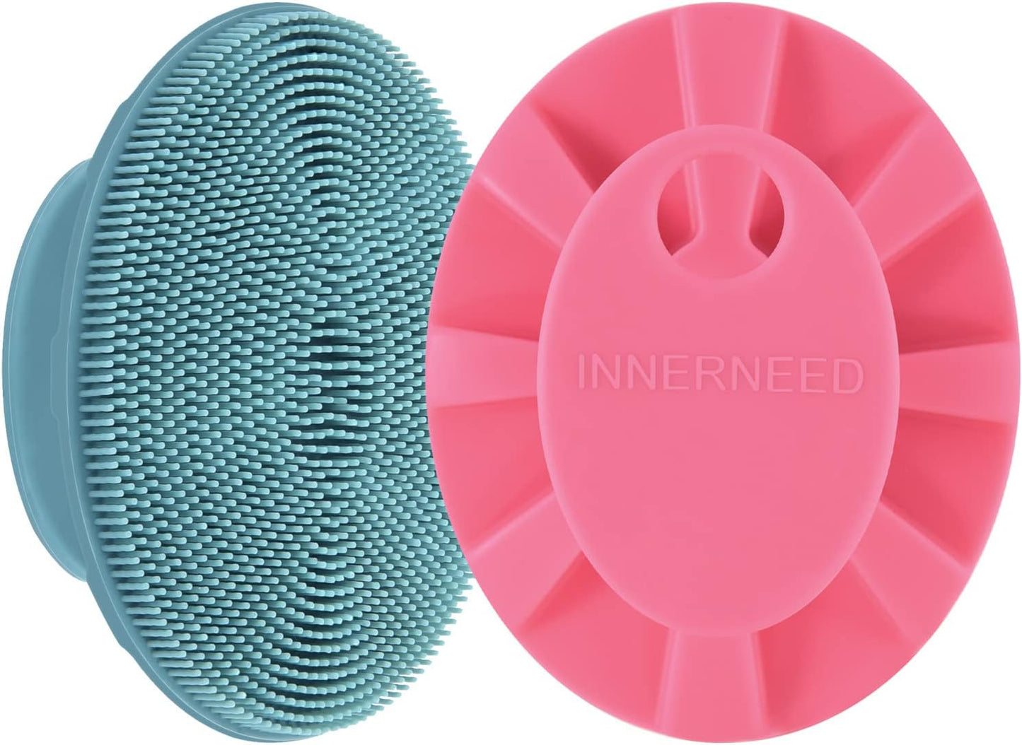 INNERNEED Silicone Face Scrubber, Exfoliating Brush Manual Handheld Facial Cleansing Brush Blackhead Remover, Food-Grade Soft Bristles (Dark Green+Pink)