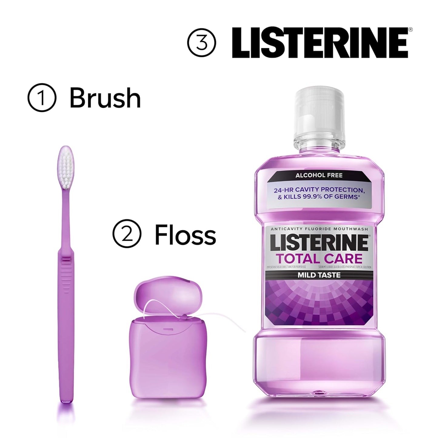 Listerine Total Care Alcohol-Free Anticavity Fluoride Mouthwash, 6 Benefit Oral Rinse to Help Kill 99% of Germs That Cause Bad Breath, Strengthen Enamel, Fresh Mint Flavor, 500 mL
