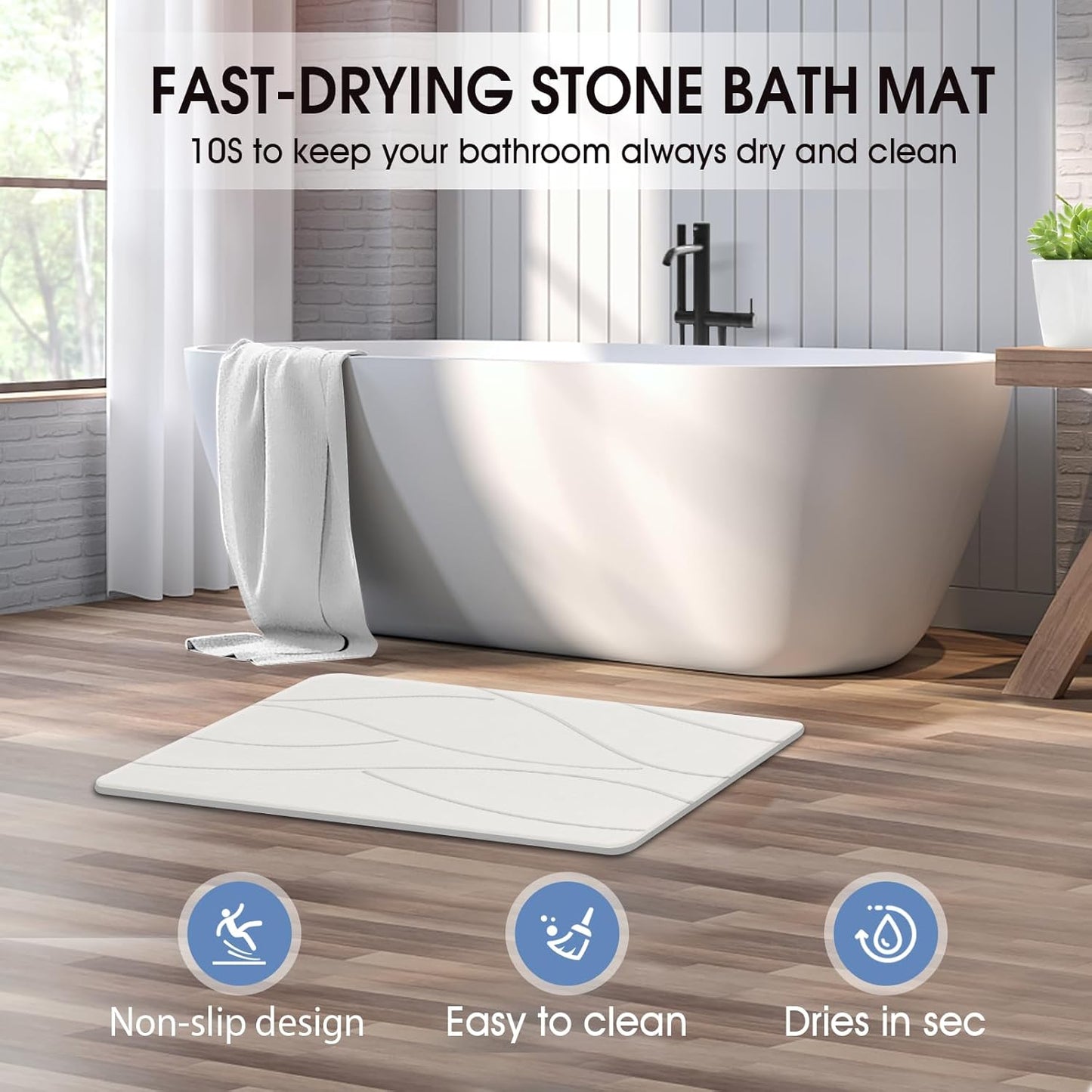 Stone Bath Mat Diatomaceous Earth Shower Mat Non-Slip Super Absorbent Diatomite Stone Bath Mats for Bathroom Floor Quick Drying Natural Easy to Clean(23.6''×15.4" White)