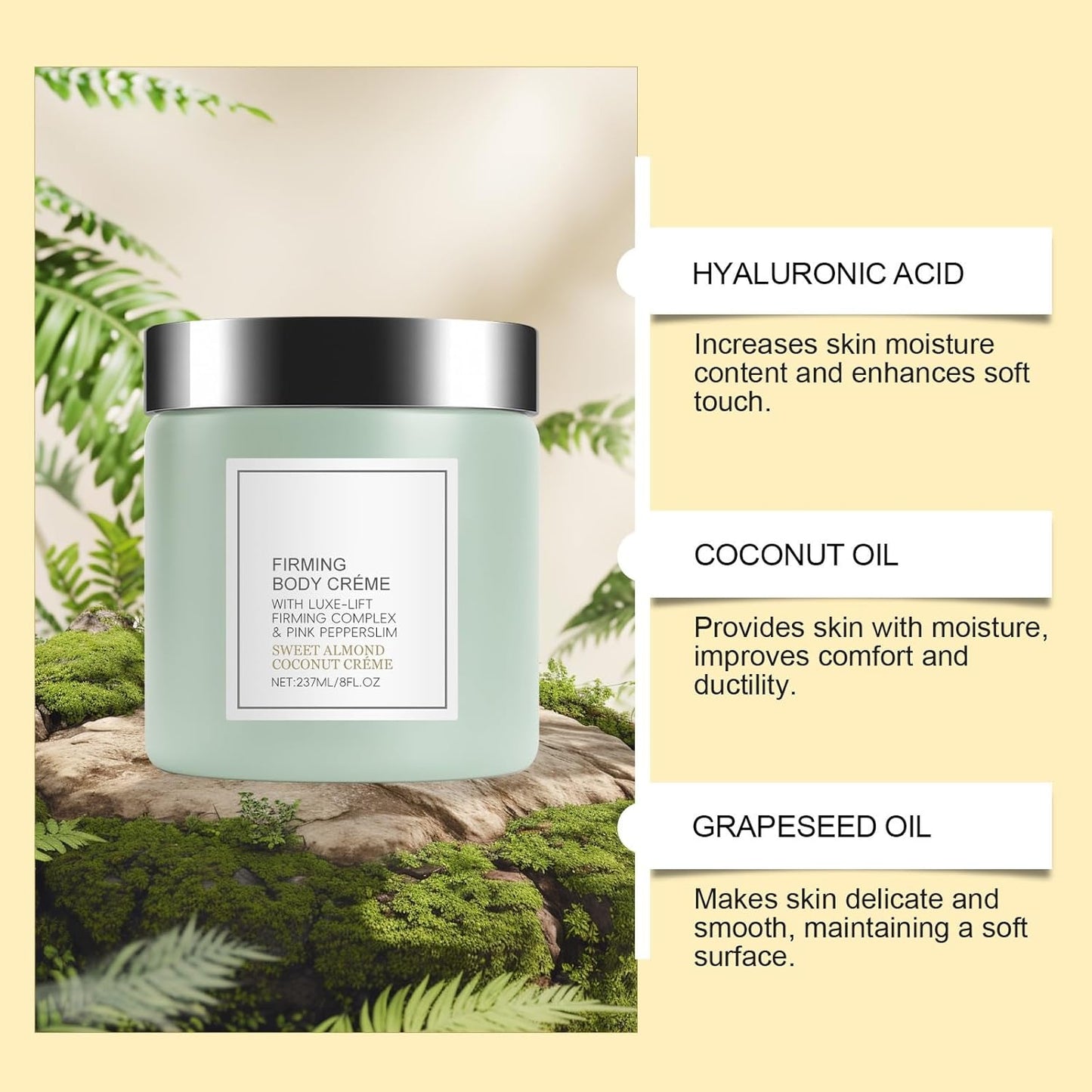 Champagne Lift Body Creme, Firming Complex and Pink Pepperslim Skin Moisturizer Tightens Hydrates Dry Skin Arms & Legs. (Sweet Almond Coconut)