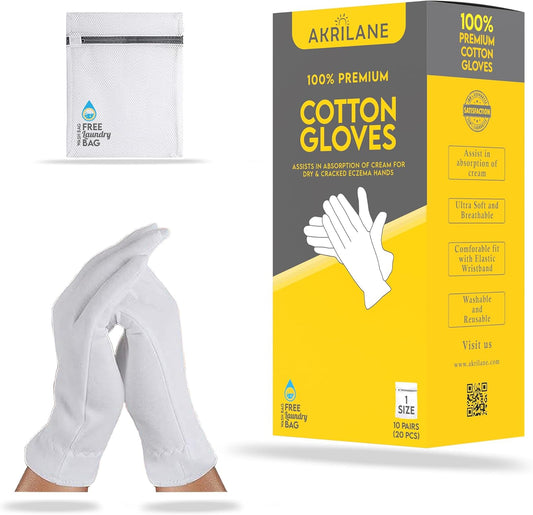 1 Size 10 Pairs 100% Premium Cotton Gloves for Dry Hands | Moisturizing Overnight Gloves for Eczema, Psoriasis & Skin Spa Treatment for Women & Men | Washable & Reusable with Free Laundry Bag