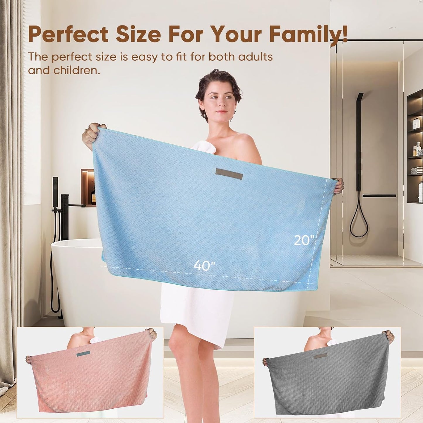 HOMEXCEL 5 Pack Microfiber Hair Towels - 40 x 20 inches Super Soft, Fast Drying Turbans for Long, Thick, Curly Hair - Anti Frizz Wrap with Elastic Strap, Blue/Pink/Grey