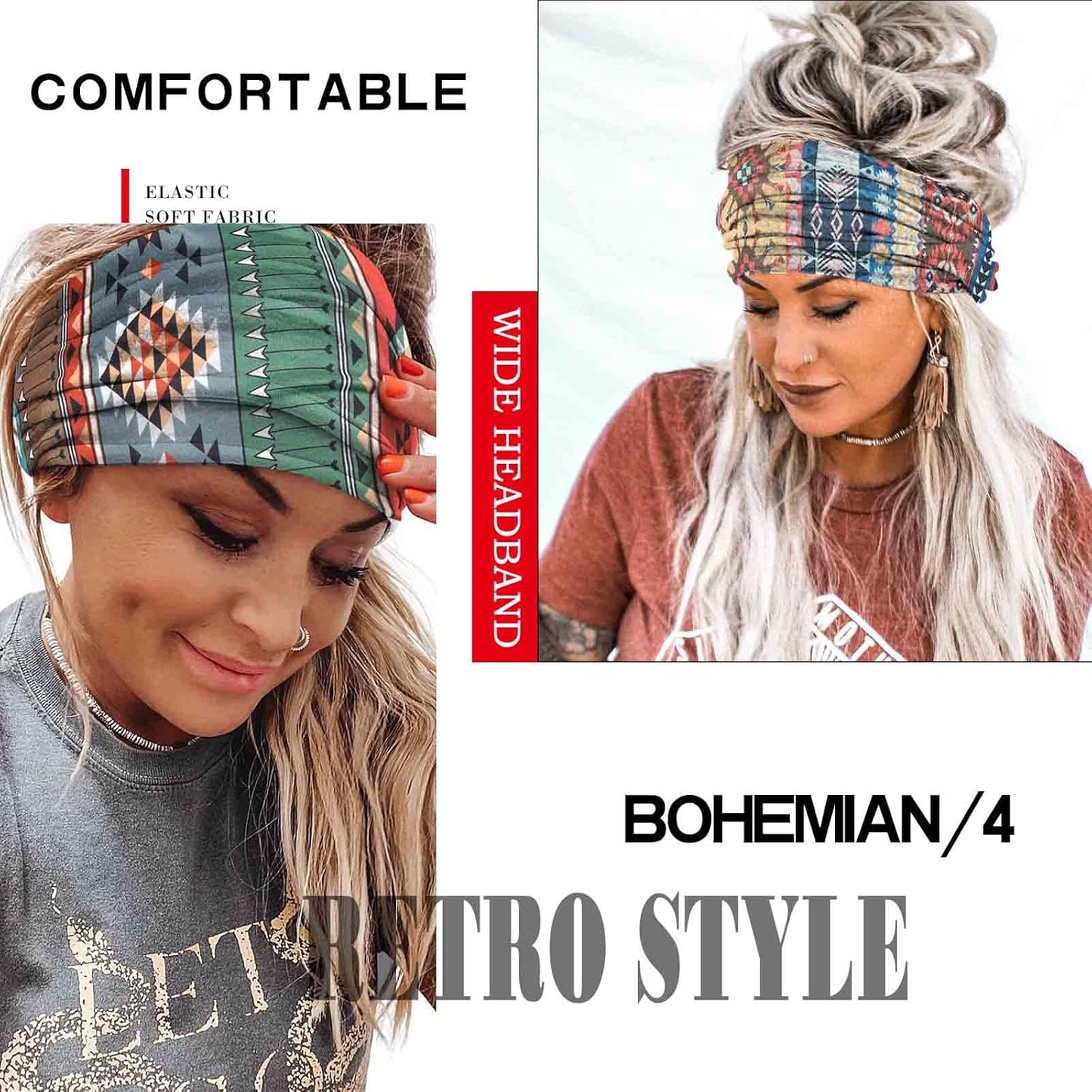 Olbye Boho Headbands Women Wide Head Bands Turban Elastic Nonslip Hairbands Workout Yoga Hair Scarfs Running Sweatband African Bohemian Head Wraps Fashion Hair Accessories for Women (G-Printing)