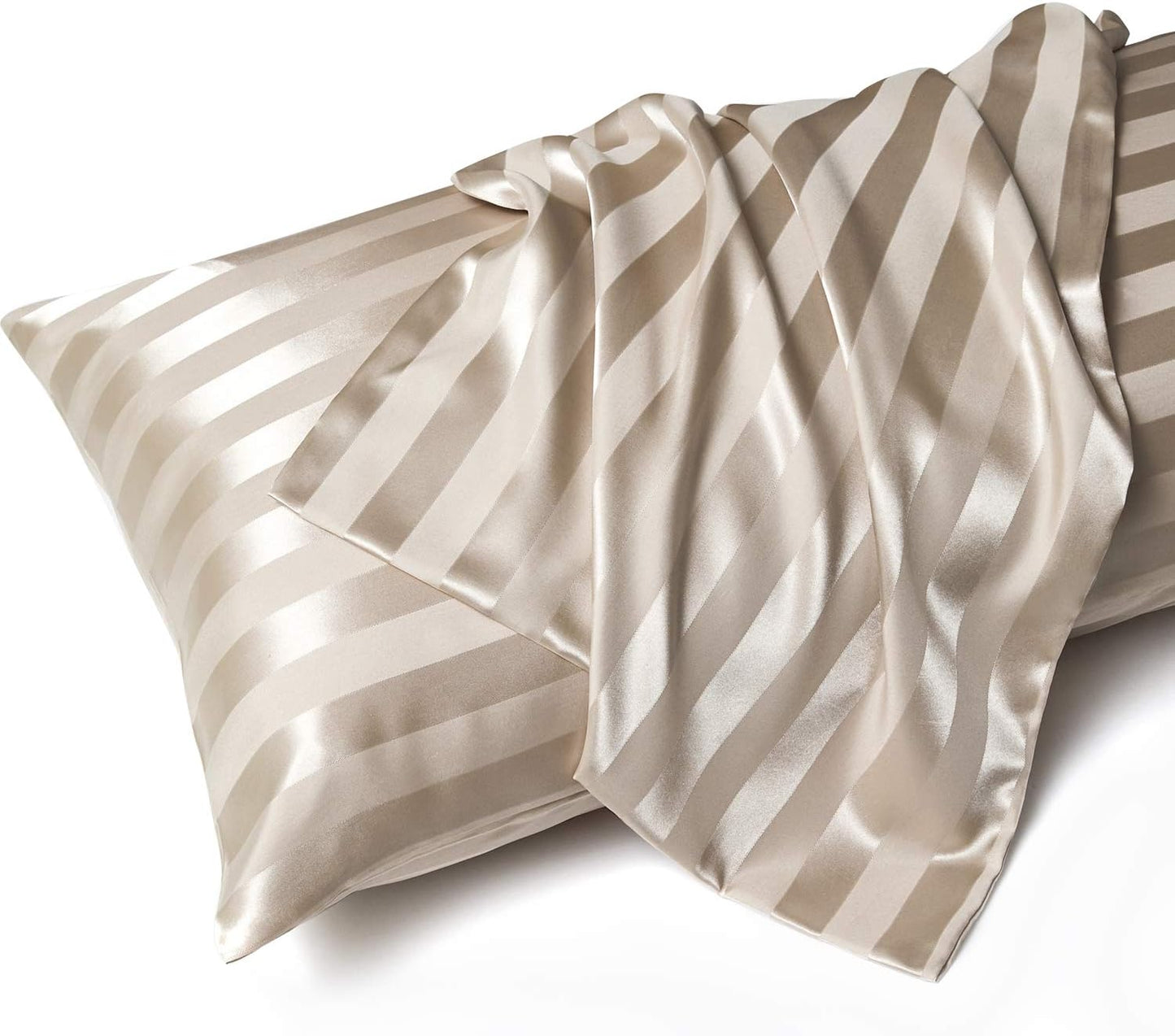 MR&HM Satin Body Pillow Cover, Soft and Breathable Body Pillow Case with Envelope Closure, Cooling and Silky Long Pillowcase for Hair and Skin,Grey (20x54, Champagne Striped)