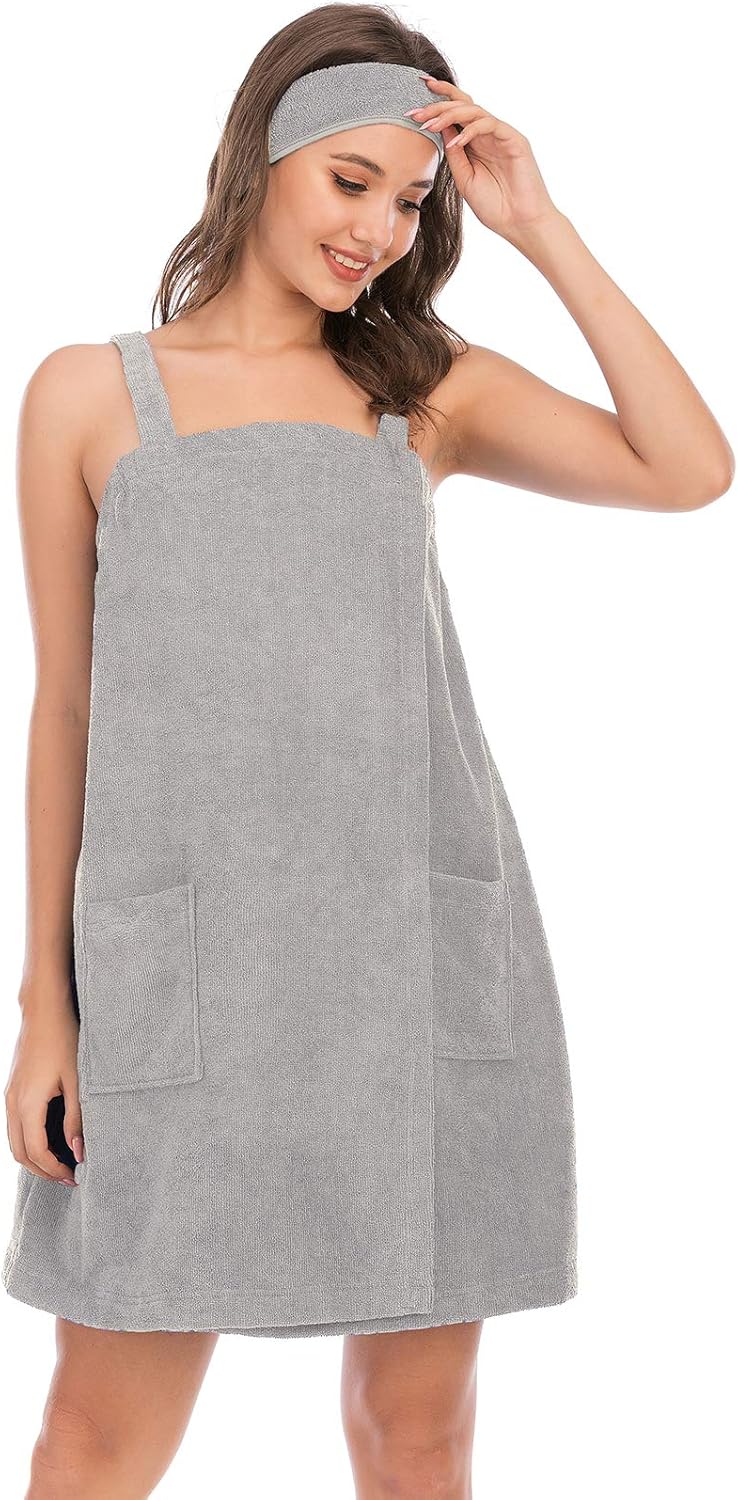 Veseacky Women Bath Wrap Towel for Womens Shower with Pocket Adjustable Spa Robe & Facial Headband