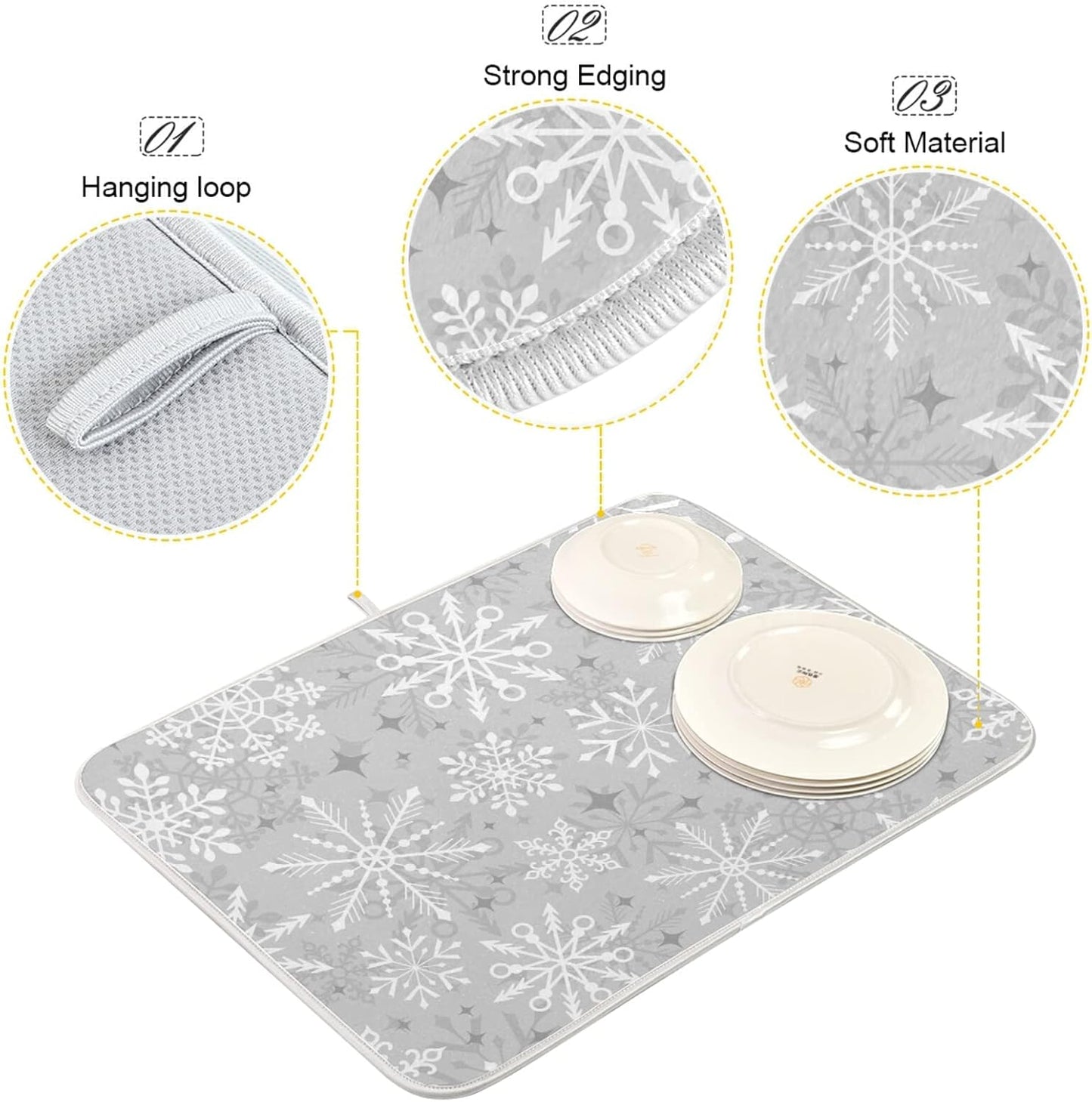 Dish Drying Mat for Kitchen Counter 18 x 16 Inch Christmas Silver Snowflake Microfiber Dish Mat Drying Pad Absorbent Dishes Pad Dish Drainer Rack Mats