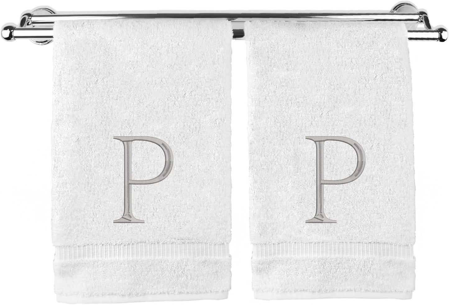 Monogrammed Hand Towel, Personalized Initial Gift, Extra Absorbent 100% Turkish Cotton - Soft Terry Finish - Set of 2 - Silver Block Initial P - Embroidered on White Towels