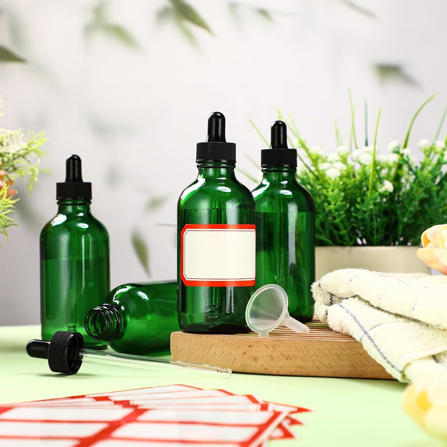 Dandat 50 Pack 4 oz Glass Dropper Bottles Leakproof 120 ml Glass Tincture Bottles with Eye Droppers, 4 Funnels, 54 Labels for Essential Oil Perfumes Hair Oil(Green)