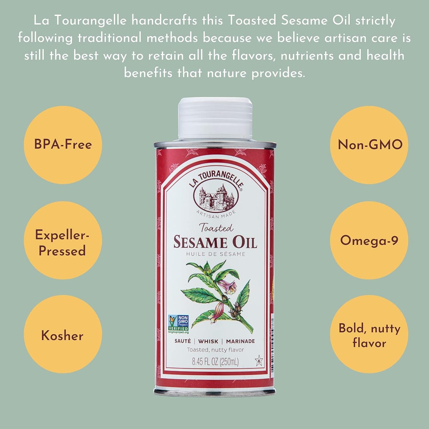 La Tourangelle, Toasted Sesame Oil, Great for Cooking, Add to Noodles, Stir-Fry, Vegetables, Vinaigrettes, and Marinades, 8.45 Fl Oz