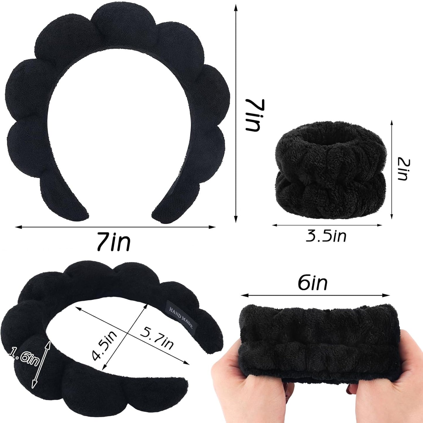 Zkptops Spa Headbands for Washing Face or Facial Sponge Makeup Skin Care Headband Wristband Set Towel Bubble Soft Sponge Hairband for Women Girls Puffy Winter Non Slip Thick Thin Hair Accessory(Black)