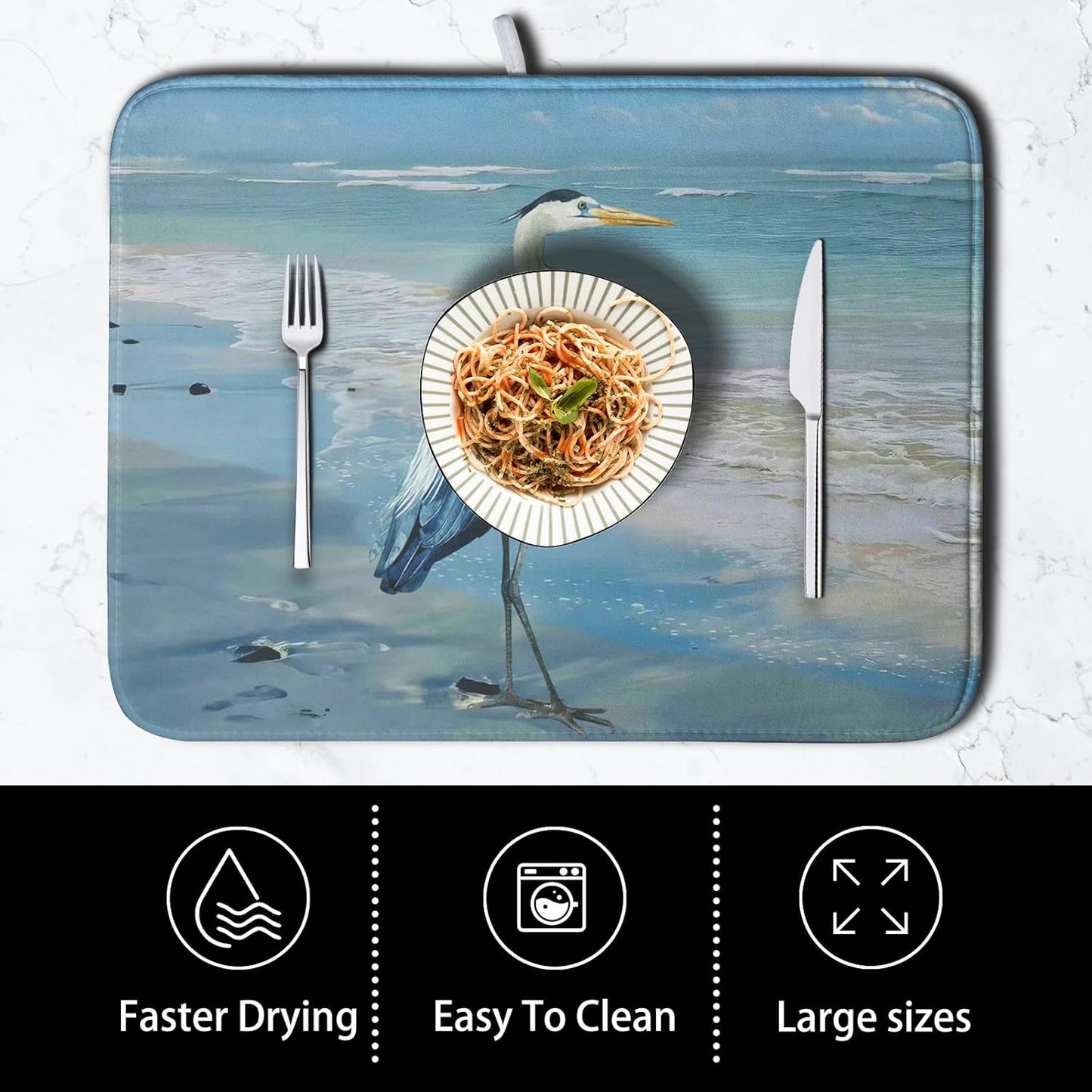 Summer Blue Dish Drying Mat for Kitchen Counter 18x24 Inch Heron Coastal Beach Drying Mats Nautical Ocean Bird Dishes Drainer Mats Microfiber Absorbent Dish Rack Pad