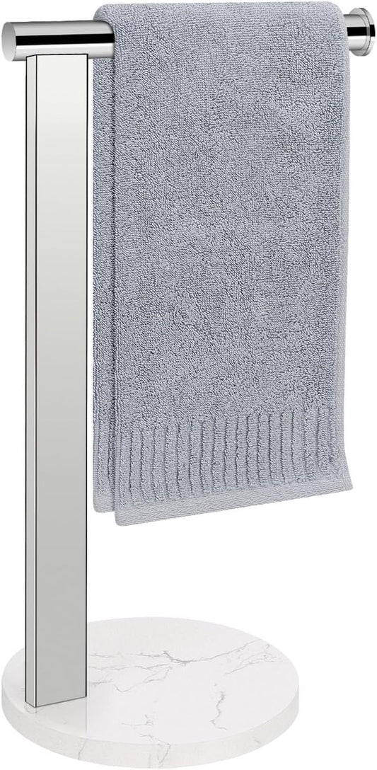 Hand Towel Holder Stand for Bathroom, L- Shaped Standing Hand Towel Rack, Towel Bar Kitchen Vanity Countertop Organizer, SUS304 Stainless Steel Material (Marble Base, Chrome)