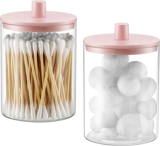 TIPGO Glass Qtip Holder Dispenser for Bathroom - 10 oz Clear Canister Apothecary Jar for Cotton Swabs, Balls, Pads, Floss Picks, Small Containers for Makeup Storage Organizer (2 Pack, Pink)