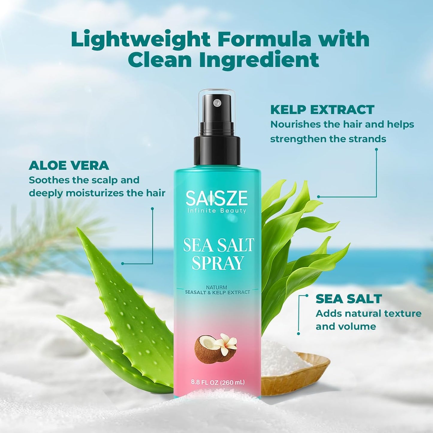 Sea Salt Spray for Women and Men, Travel Essentials, Beach Vacation Essentials, Coconut Volumizing Salt Water Spray, Effortlessly Achieve Beach, Wavy and Curly Hair, 8.8 oz