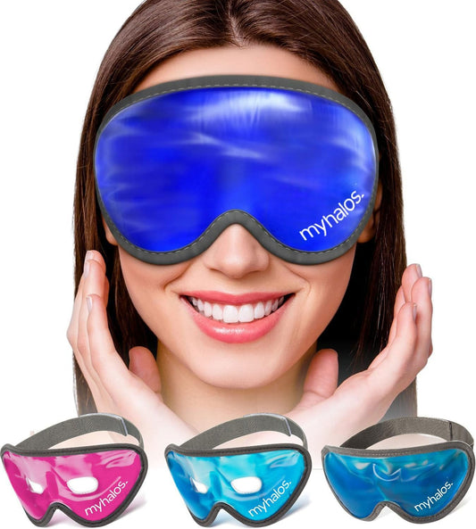 MyHalos® Gel Eye Mask - Reusable Cold Eye Mask with Adjustable Straps- Our Soothing Eye Gel Mask Helps Puffy Eyes, Dark Circles and Hangovers - Our Eye Ice Pack Also Relieves Sinus Pain & Headaches