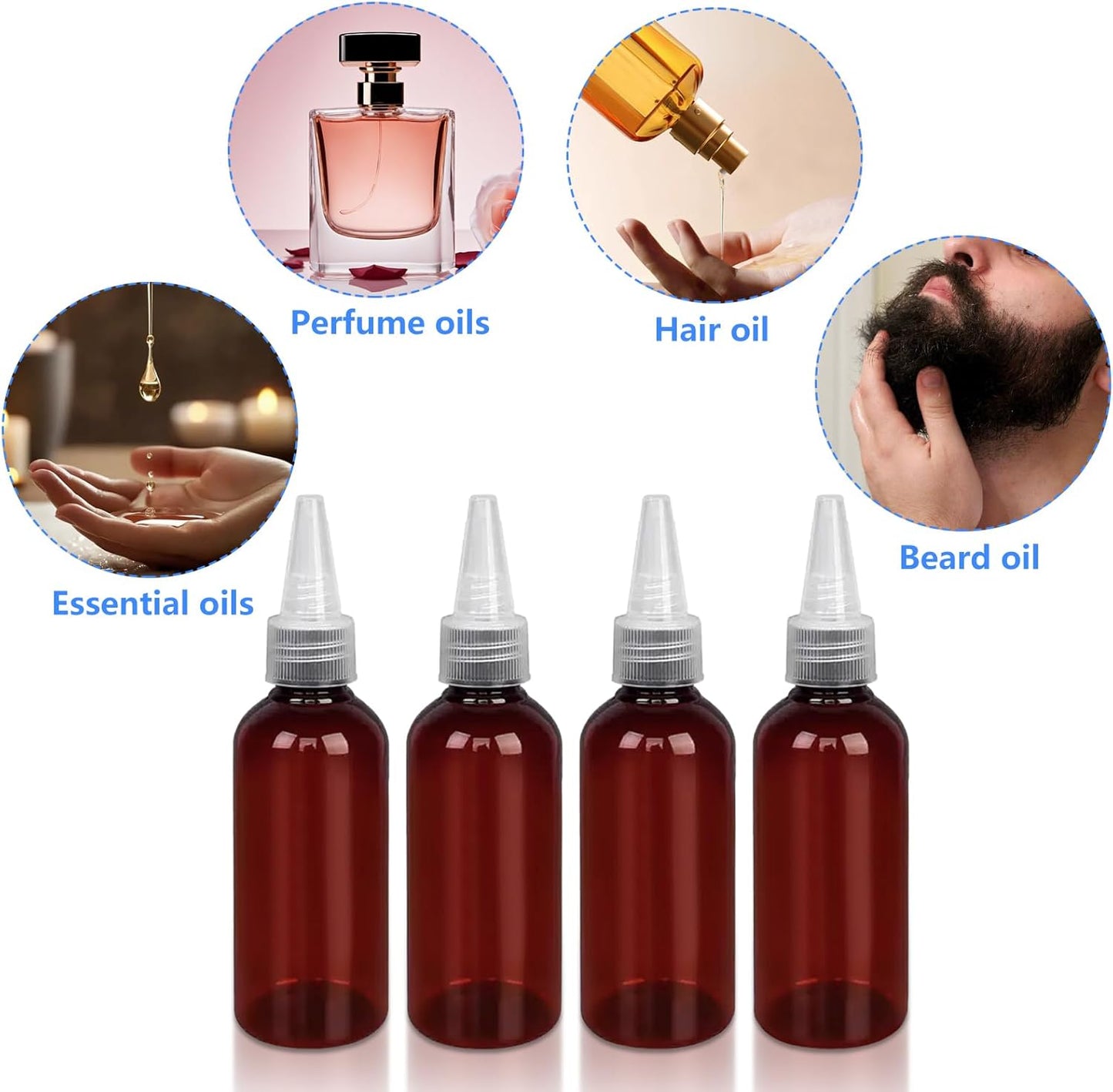 4 Pack 1 Oz (30ml) Amber Plastic Essential Oil Bottles with Funnel, Labels for Liquid Storage - No Droppers Needed