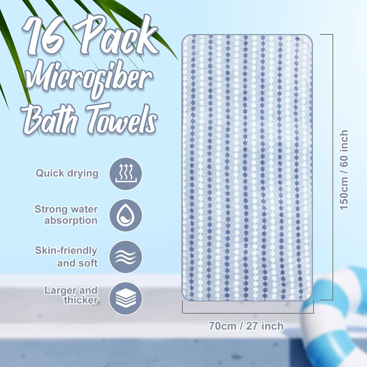 16 Pack Microfiber Bath Towels Bulk 27'' x 60'' Oversized Size Bath Towel Highly Absorbent Extra Large Soft Drying for Shower Beach Salon Winter Sport Spa Gym (Cone,Blue)